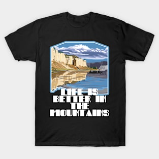 LIFE IS BETTER IN THE MOUNTAINS Retro Vintage Posted Mountain Range Wiht Lake And Adventurers On A Canoe And Kayak Trip T-Shirt